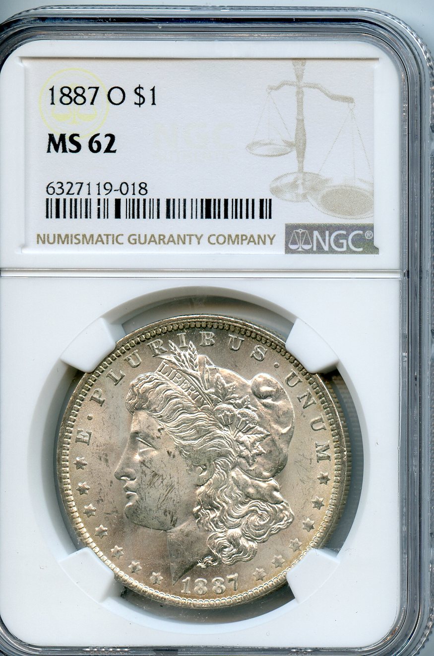 1887 O  $1  NGC  MS62  Morgan Dollar