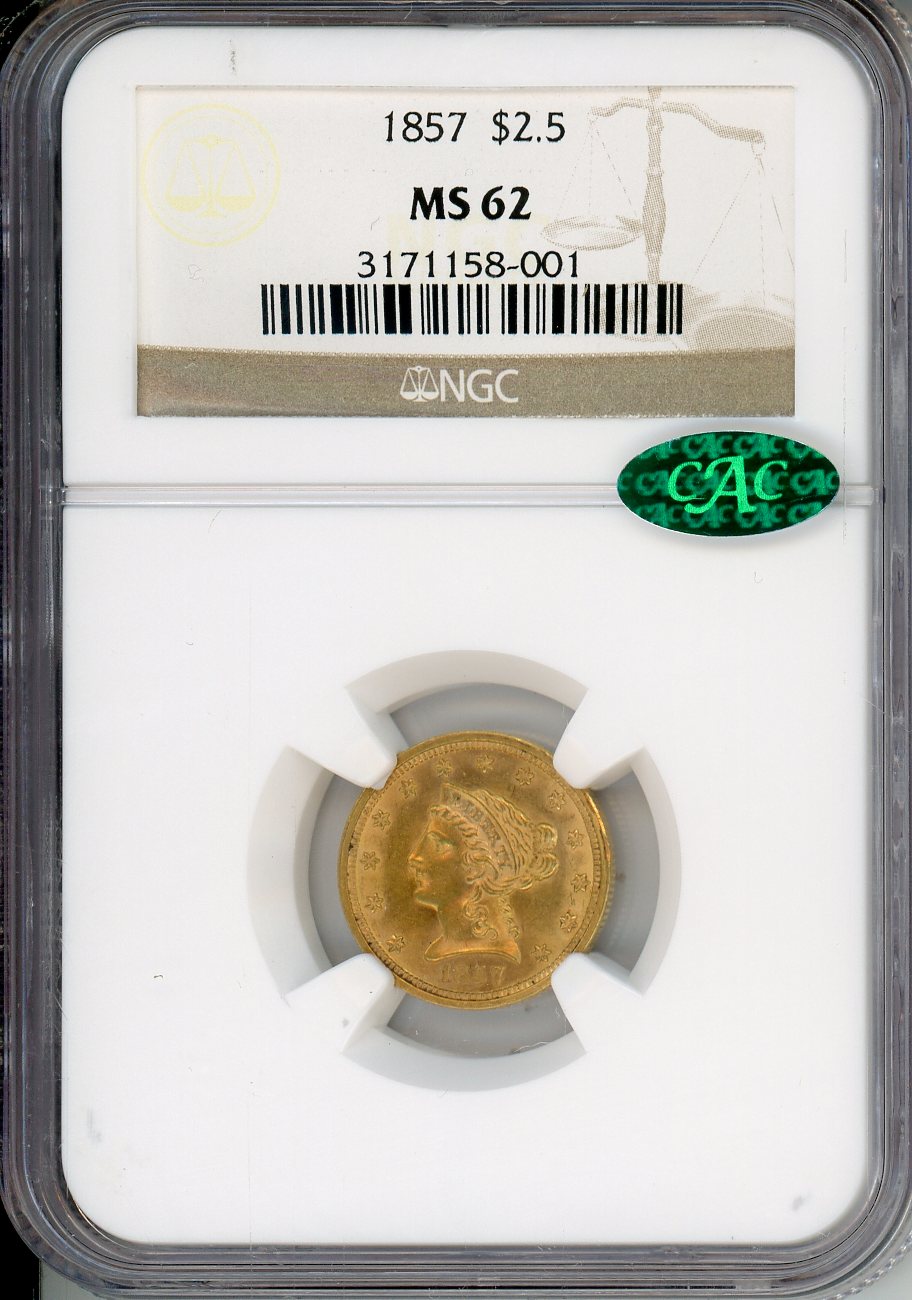 1857 $2.5 Gold NGC MS62 CAC
