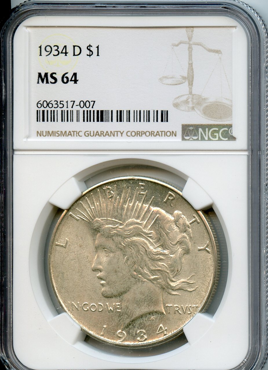 1934 D  $1  NGC  MS64  Peace Dollar