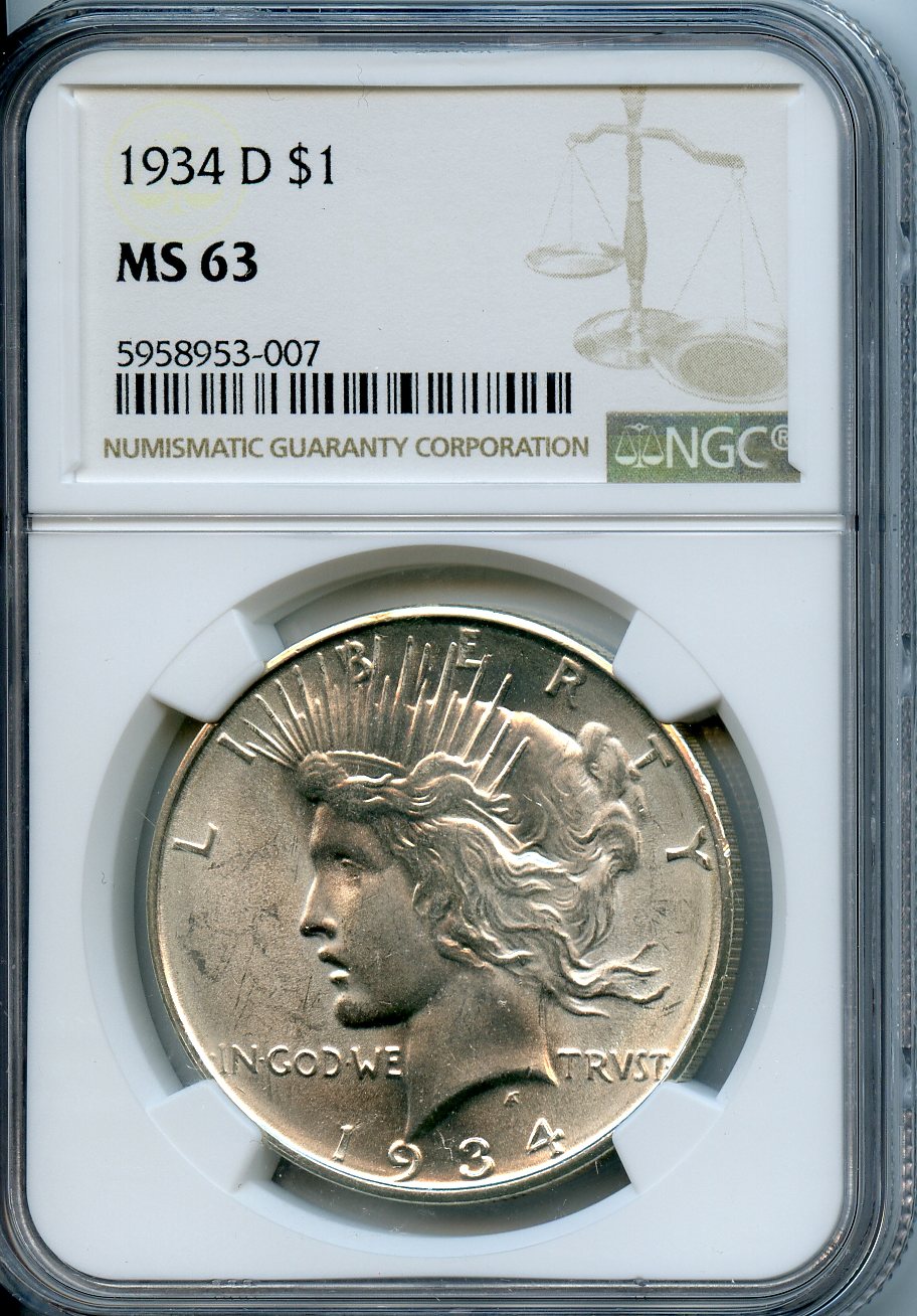 1934 D  $1  NGC  MS63  Peace Dollar