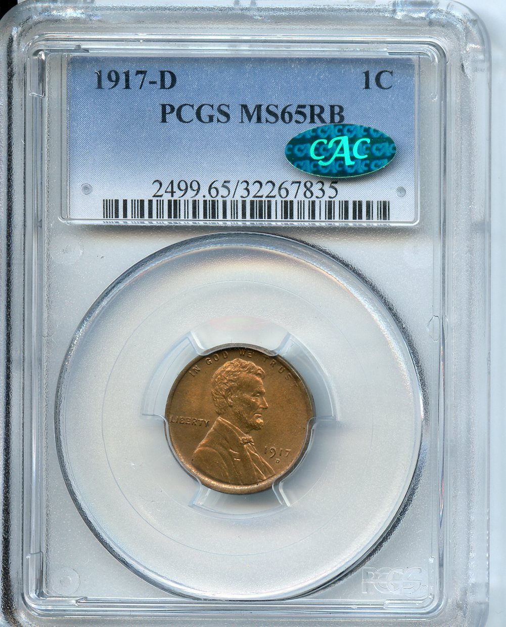 1917 D 1C  PCGS MS65RB  CAC   Lincoln Cent