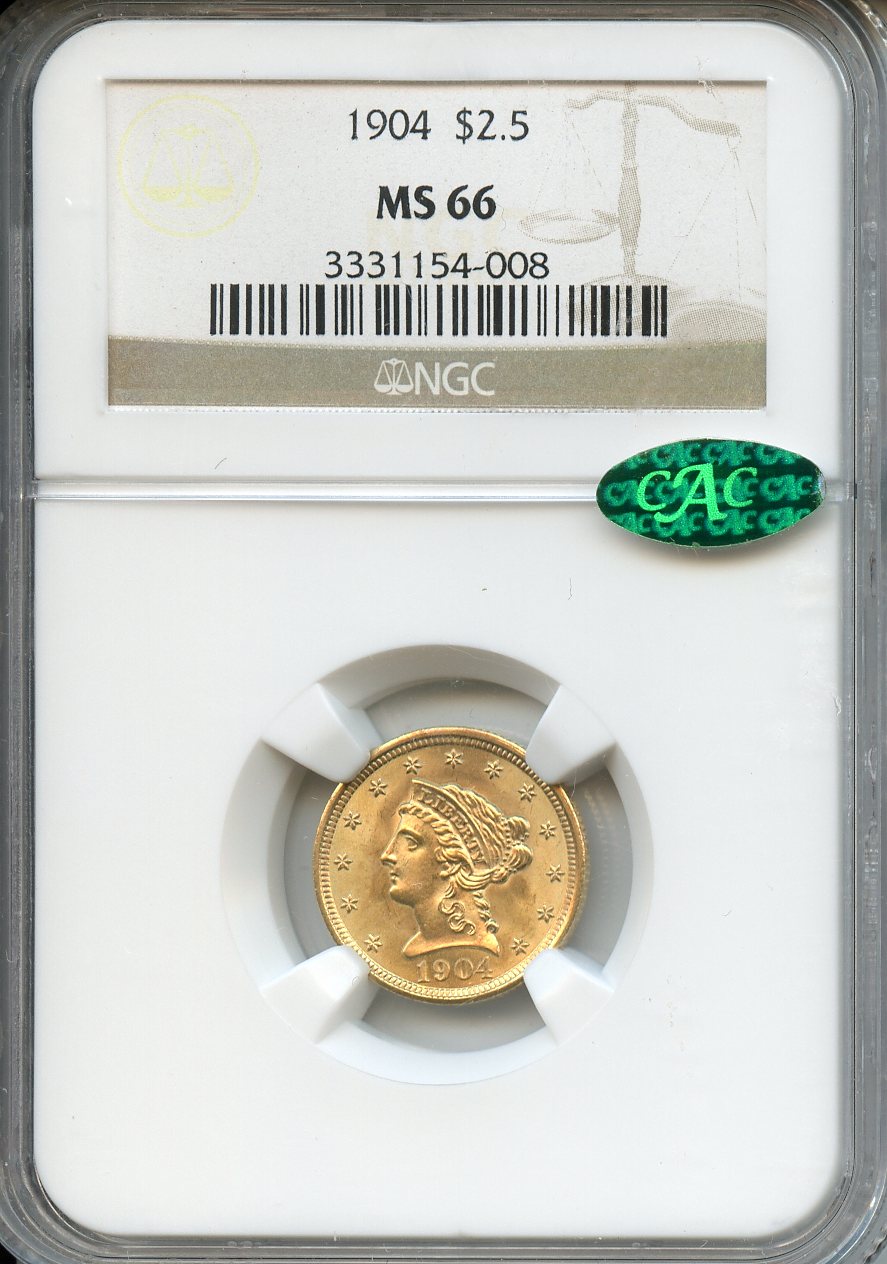 1904 $2.50  Gold  NGC  MS66  CAC   Liberty Head