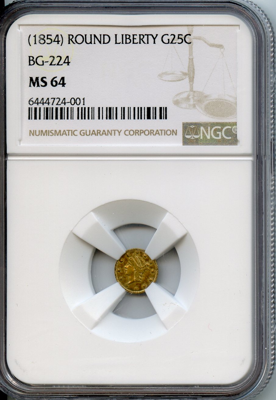 1854  Gold  25C  NGC  MS64  Round Liberty