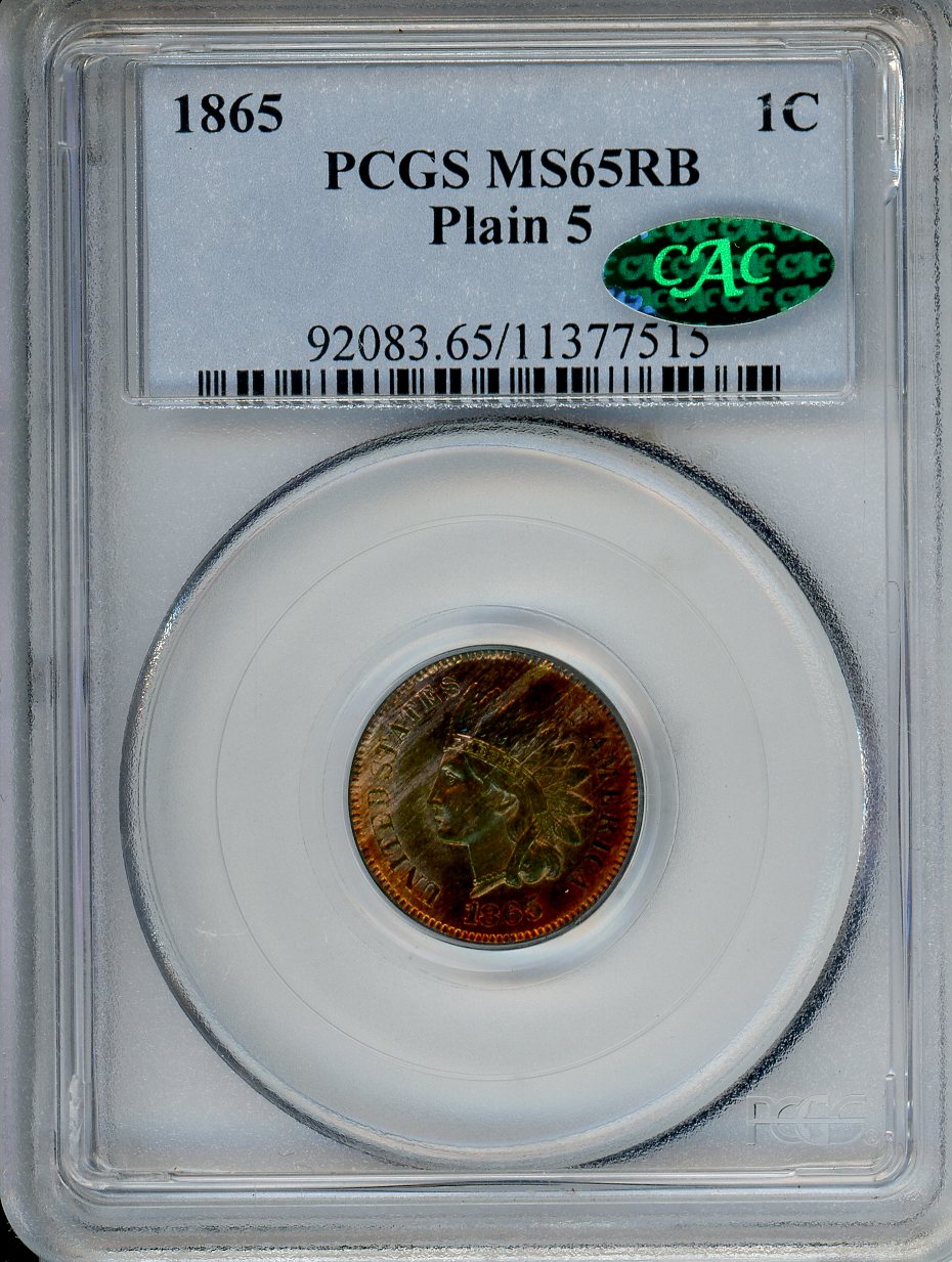 1865 1C PCGS MS65RB Plain 5 CAC  Indian Head Cent