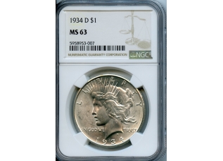 PMJ Coins & Collectibles, Inc. 1934 D  $1  NGC  MS63  Peace Dollar