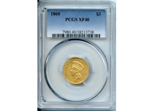 PMJ Coins & Collectibles, Inc. 1860  $3  Gold   PCGS  XF40  Indian Princess $3