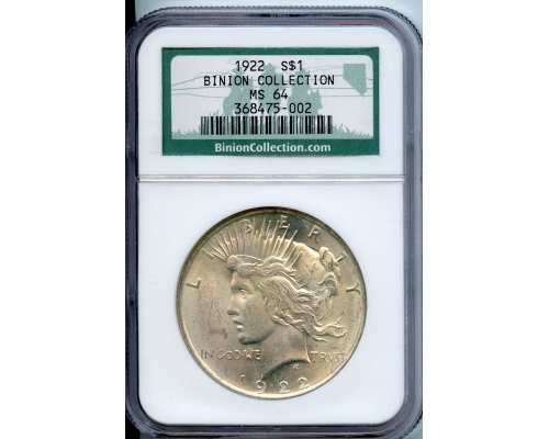 PMJ Coins & Collectibles, Inc. 1922  $1  NGC  MS64 Binion Collection Peace Dollar