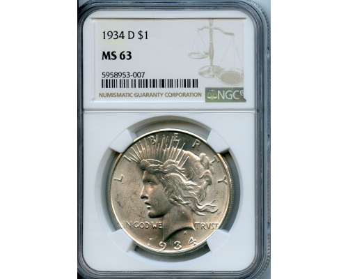 PMJ Coins & Collectibles, Inc. 1934 D  $1  NGC  MS63  Peace Dollar