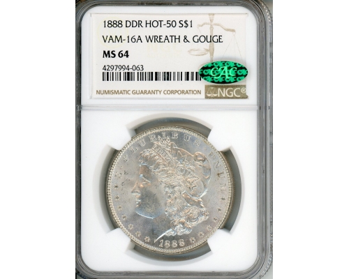 PMJ Coins & Collectibles, Inc. 1888 DDR HOT-50 $1 VAM-16A Wreath & Gouge NGC MS 64 CAC