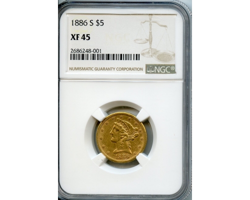 PMJ Coins & Collectibles, Inc. $5  Gold  1886 S  NGC  XF45  Liberty Head
