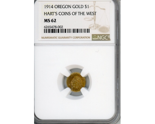 PMJ Coins & Collectibles, Inc. 1914 Oregon Gold $1 Harts Coins Of The West NGC MS 62